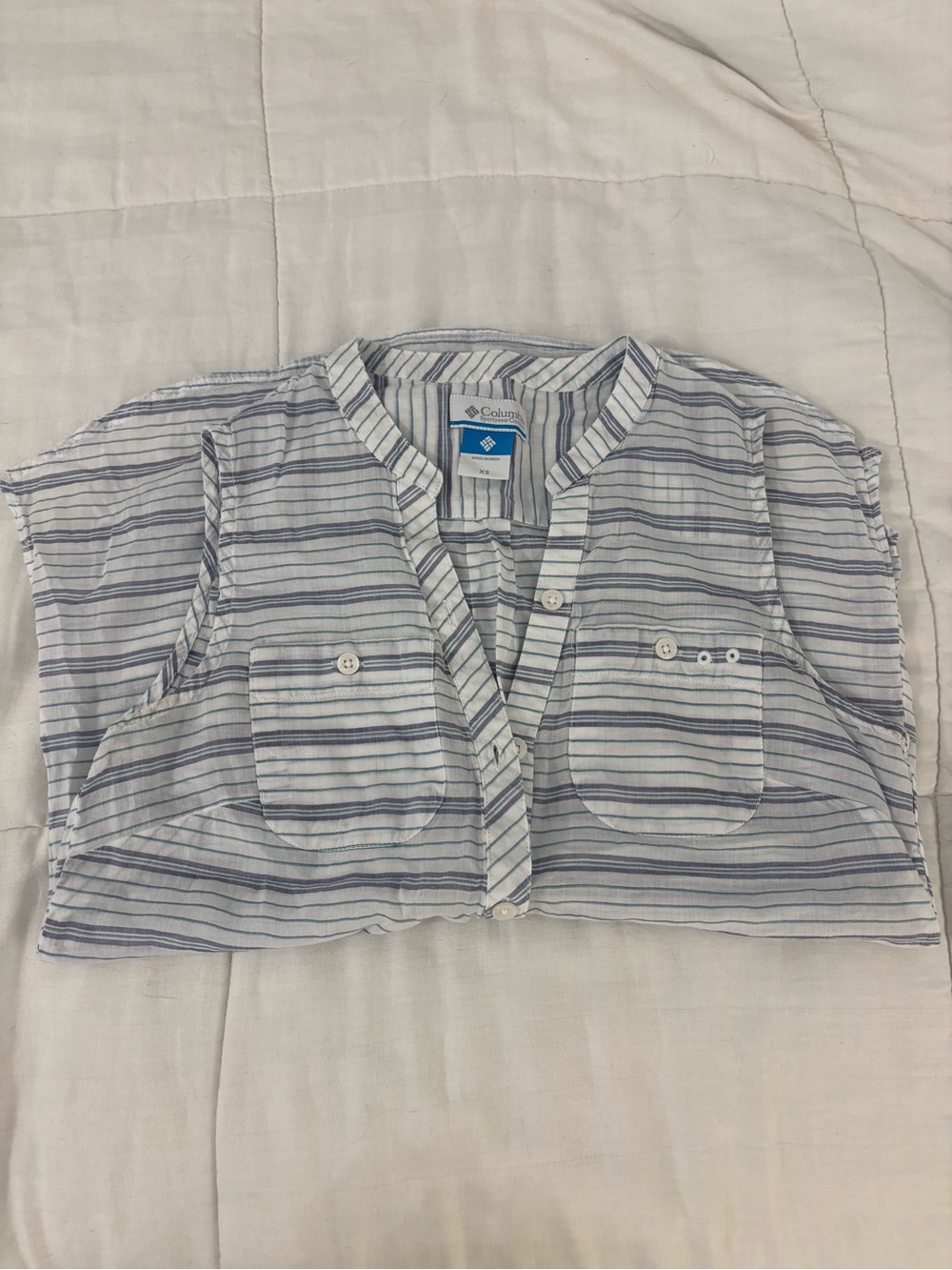 Columbia Striped Button-Up Shirt in White, Blue & Teal